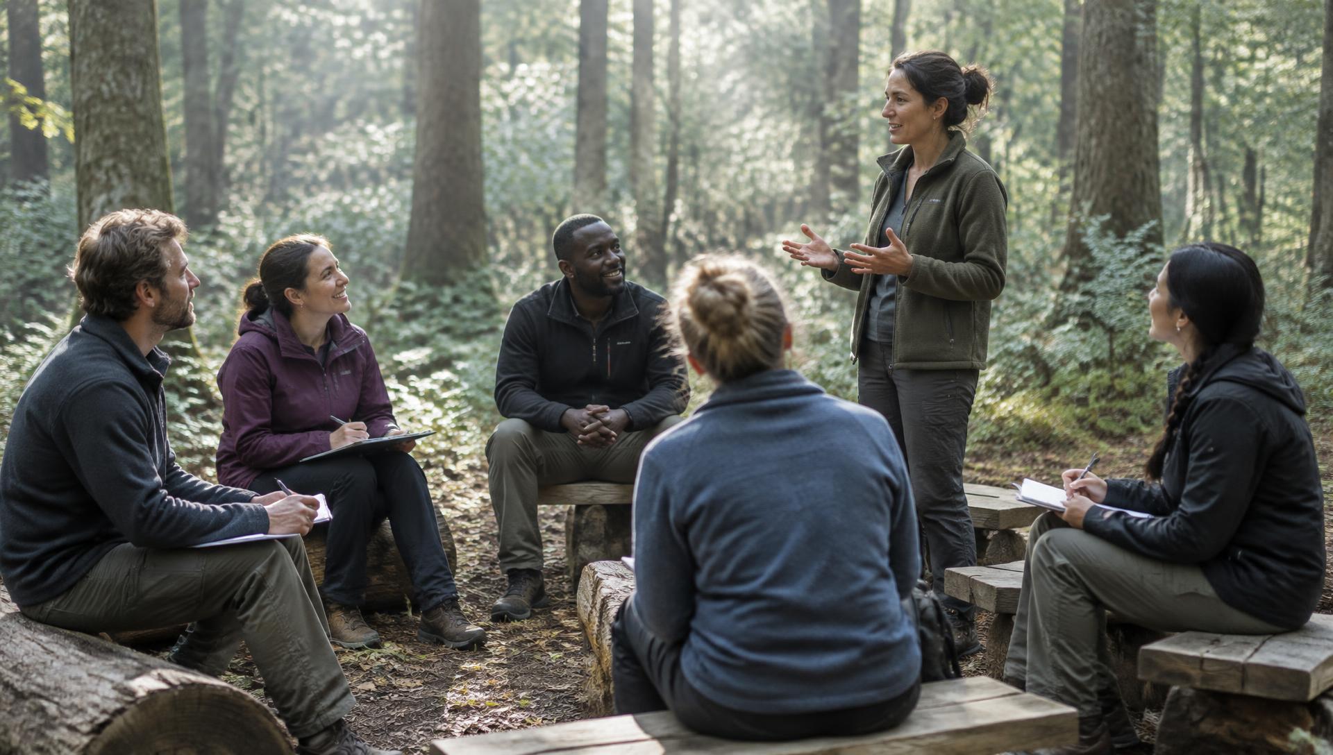 Adults learning together during an outdoor training session in a woodland clearing
