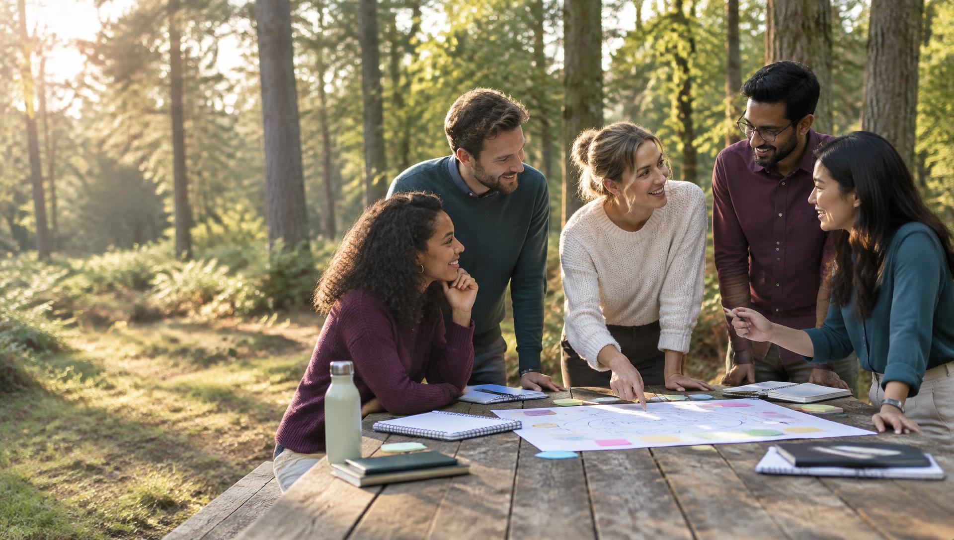 Colleagues collaborating around a table in a woodland clearing